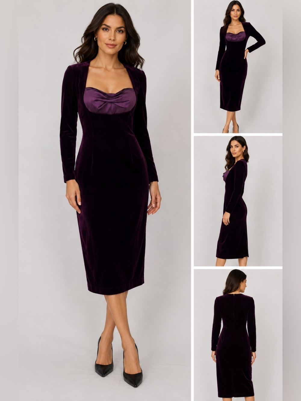 Carolina Herrera New York Purple Plum Velvet Cocktail Dress Size 6 Long Sleeve D